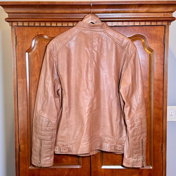 Cole Haan Men’s Tan Leather Moto Jacket Size L - Picture 3 of 9